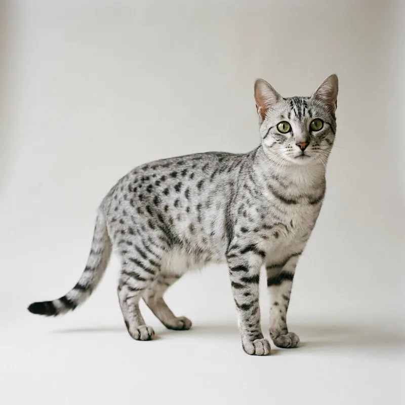 A Egyptian Mau cat sitting, full body