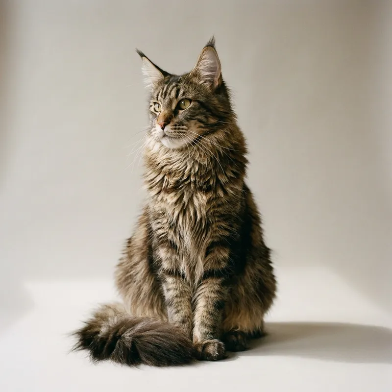 A Maine Coon cat sitting, full body