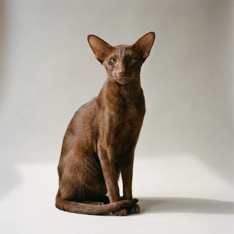 A Oriental Shorthair cat sitting, full body