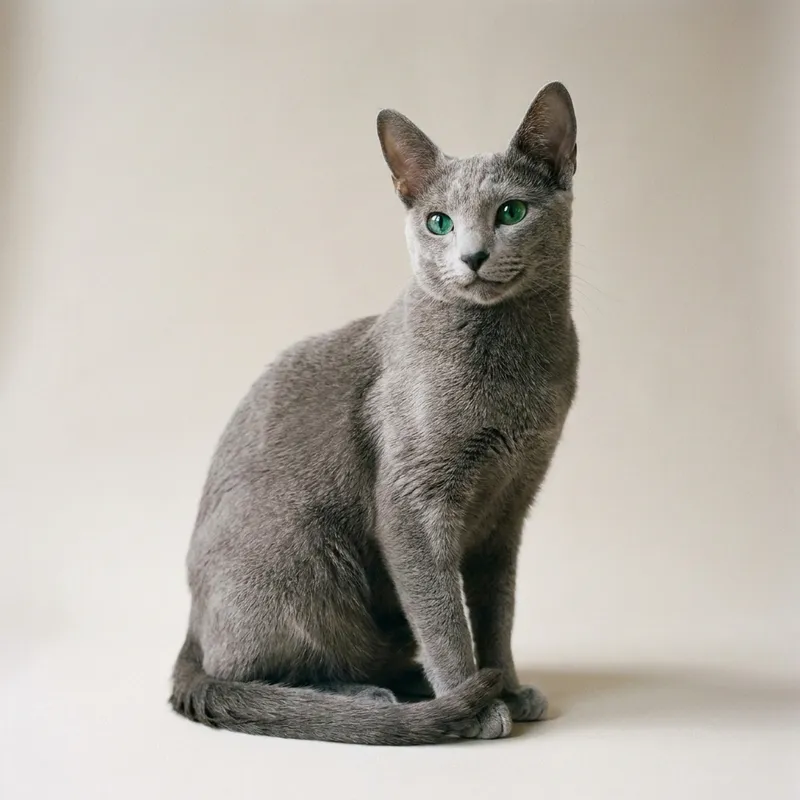 A Russian Blue cat sitting, full body
